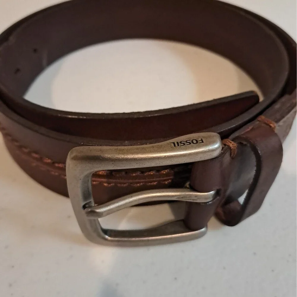 Leather Mens Fossil Theo Belt Double Stitch Design  36